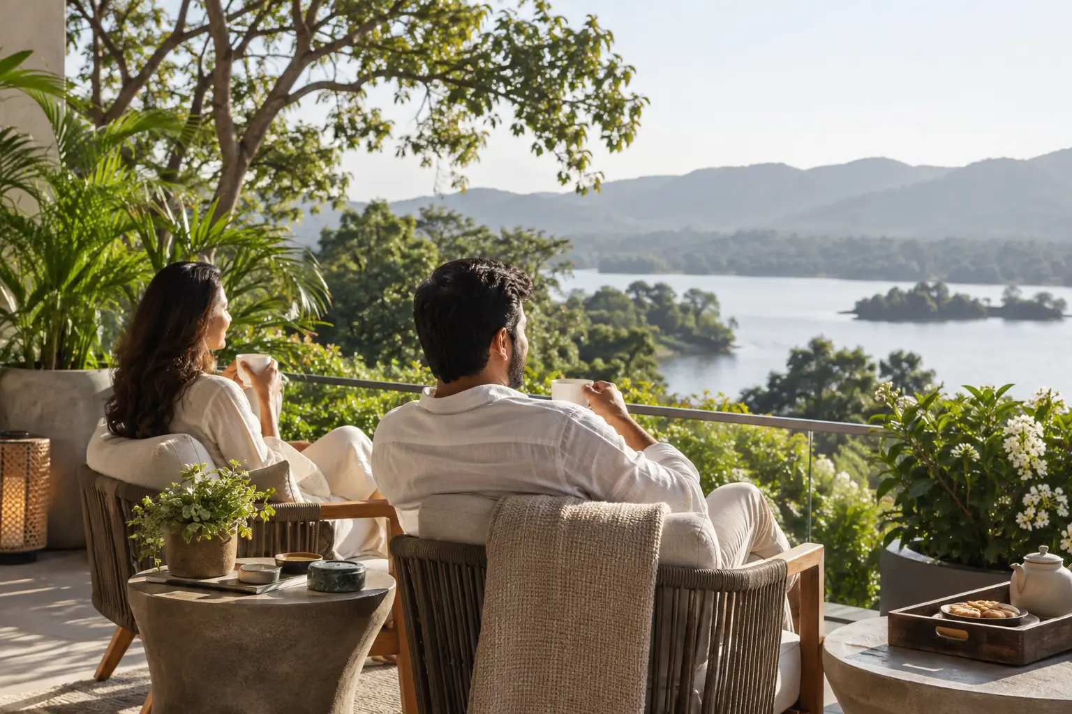 Illustrative scene of a couple sharing tea on a planted balcony overlooking greenery and water