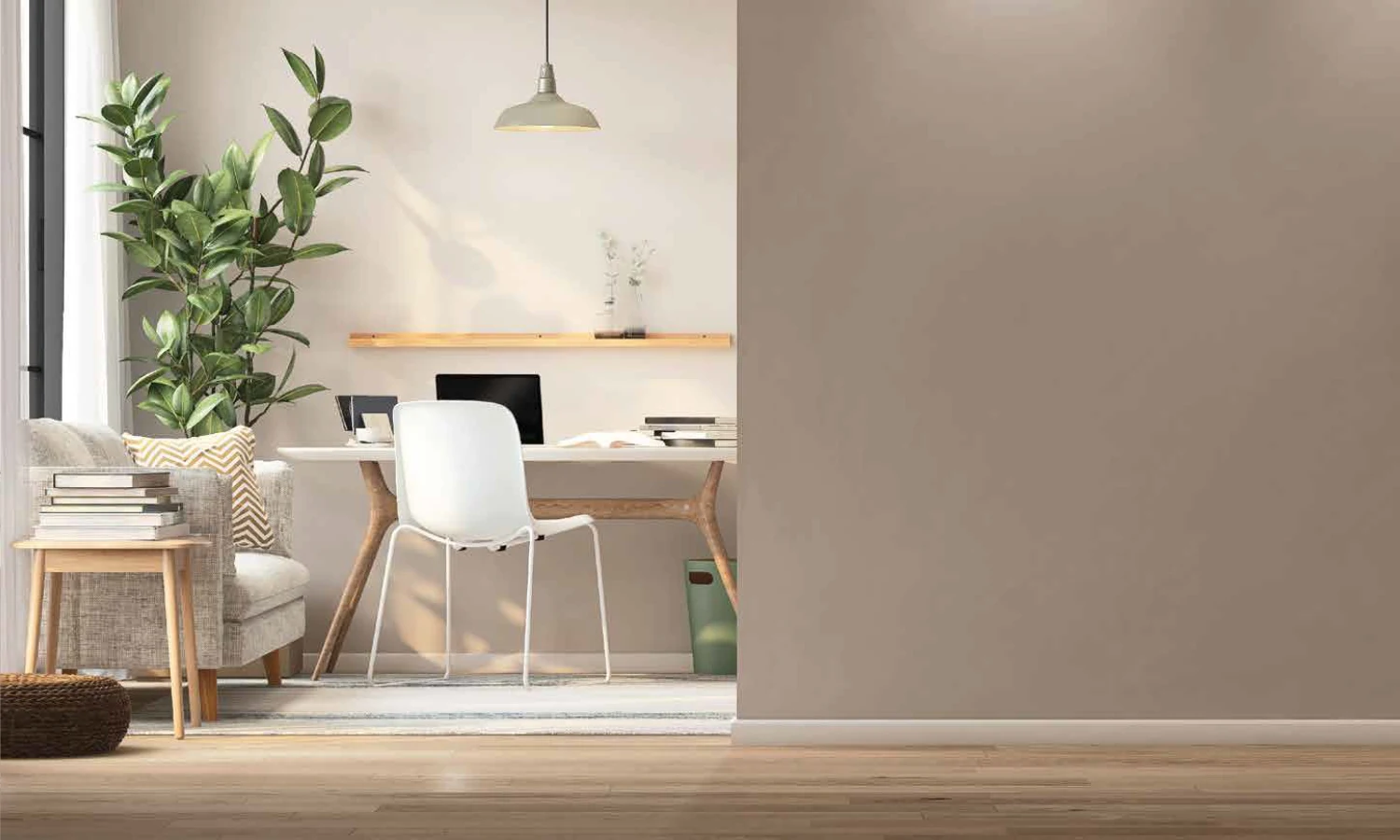 Sunlit study corner with an oak desk beside a full-height window