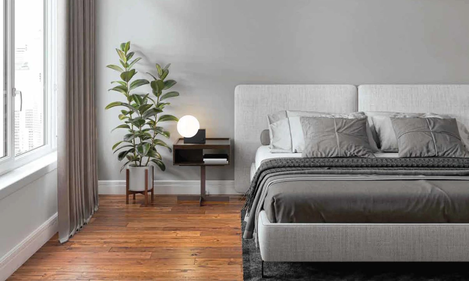 Calm master bedroom with a linen bed and warm timber flooring