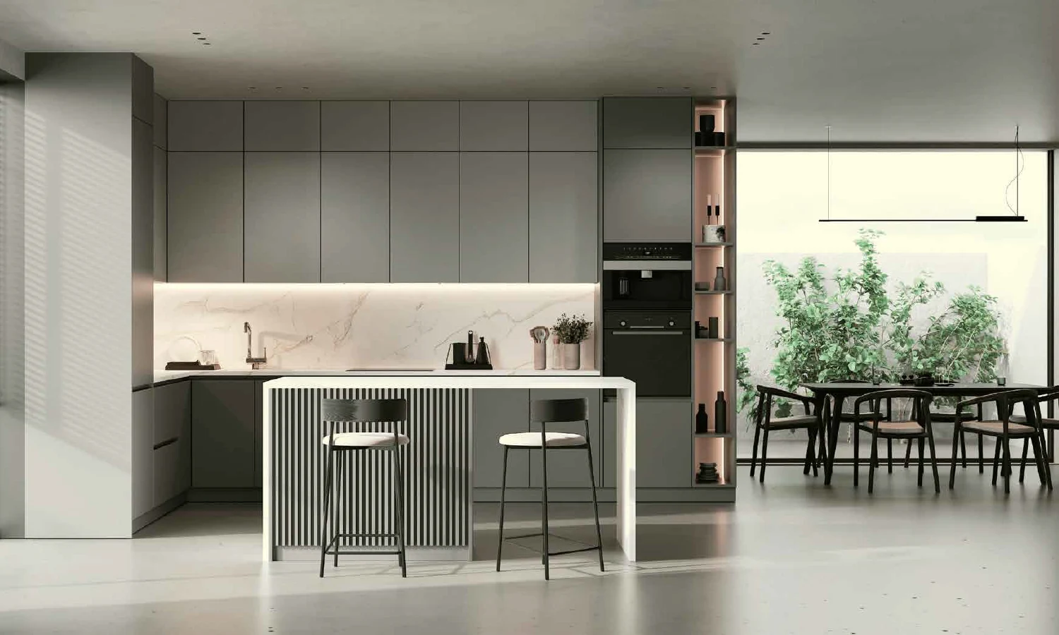 Contemporary kitchen opening onto a garden-facing dining area