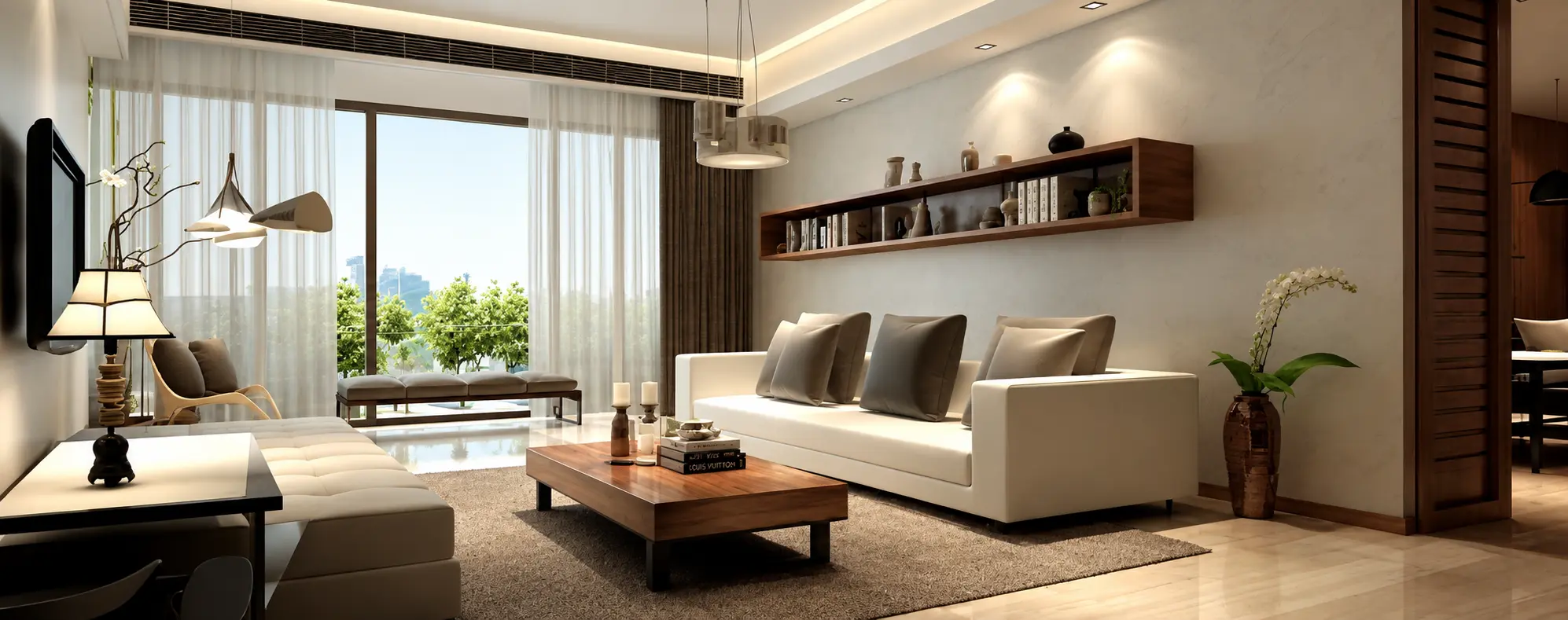 Project interior visual showing a large living room with garden-facing windows