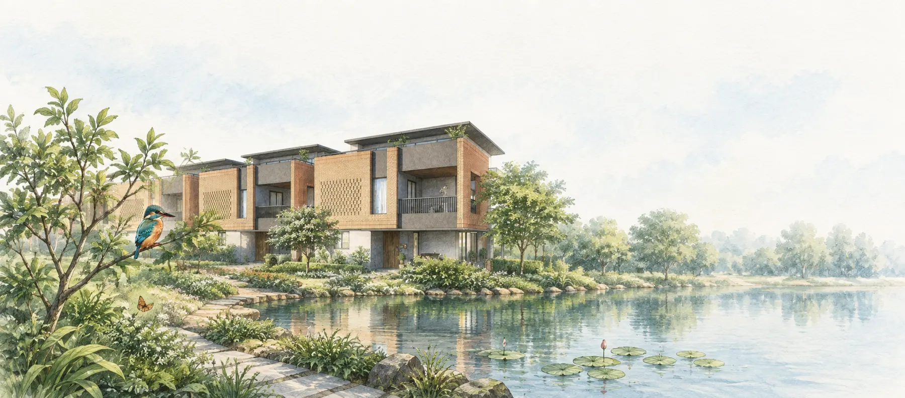 Watercolour illustration of villas and landscaped gardens beside a natural lake