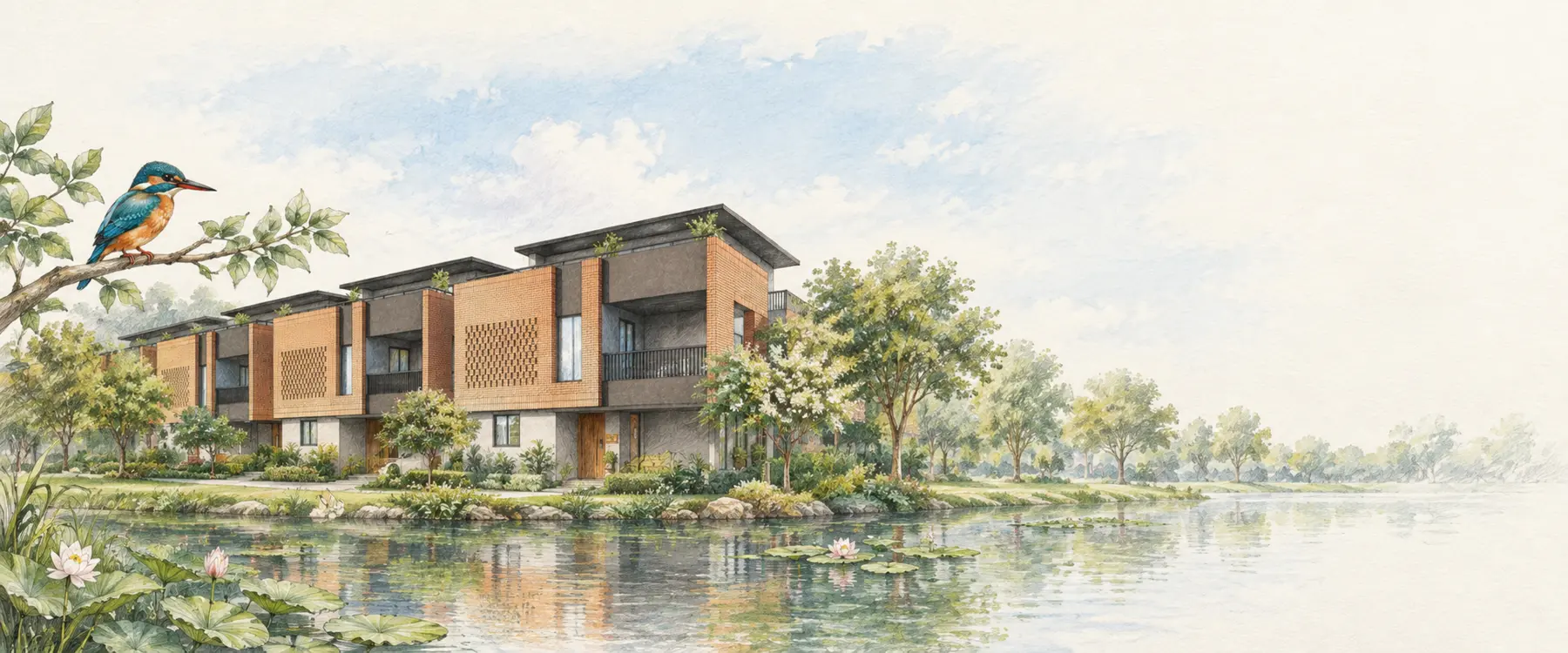 Watercolour illustration of an exclusive villa community beside a natural lake